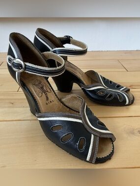 Vintage-Inspired Fly London Black/White/Brown Leather Ankle Strap Peep Toe Heels